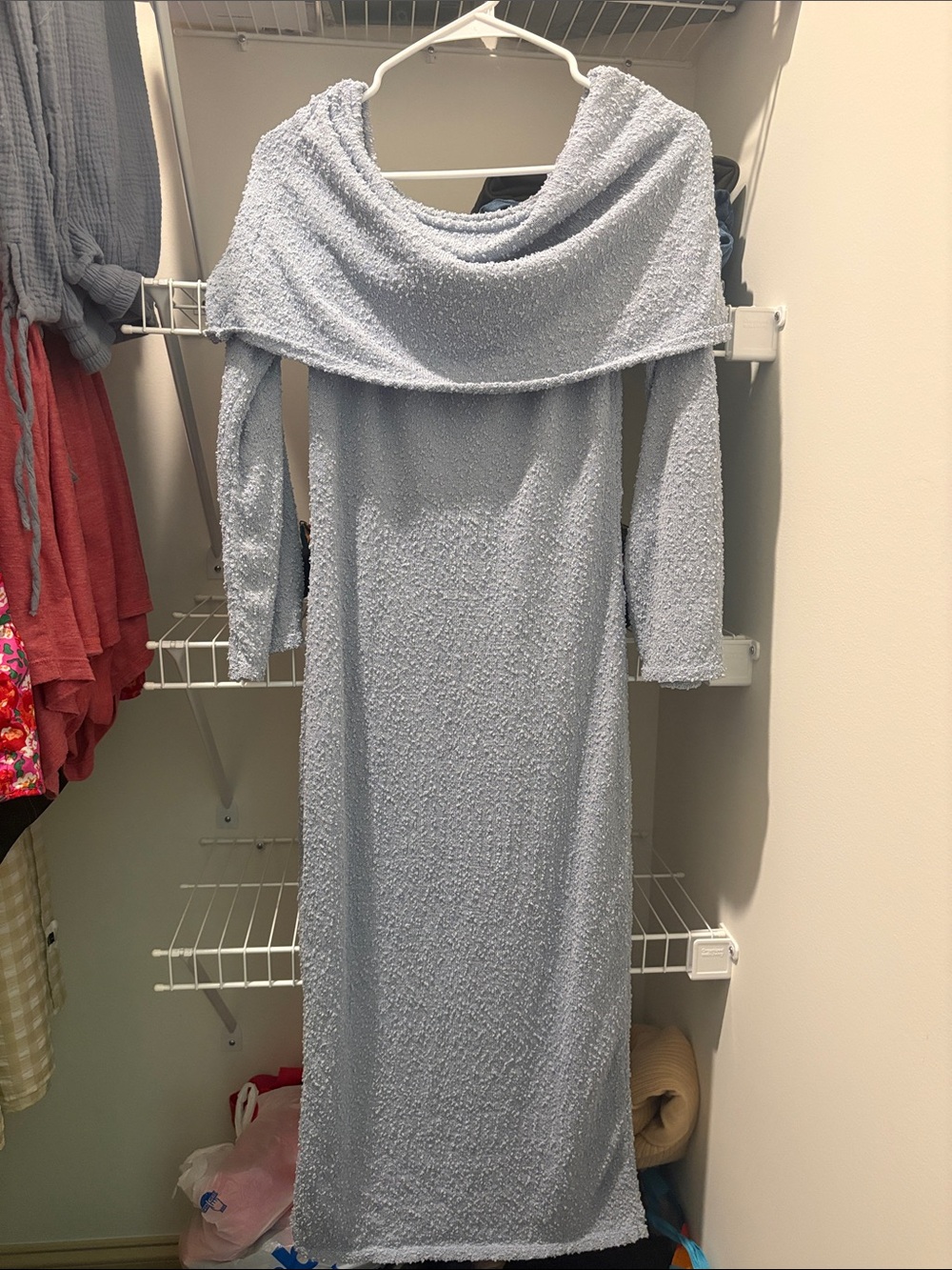 Maternity Off-Shoulder Light Blue Bouclé Knit Maxi Dress